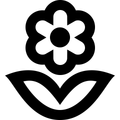 Icon einer Blume mit Blättern von vorn, weiße Linien auf orangenem Hintergrund  